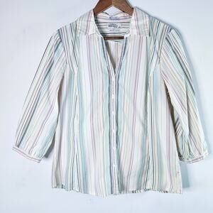 Vintage Old Navy Womens White Striped Button Up 3/4 Sleeve Blouse Size Large Y2K